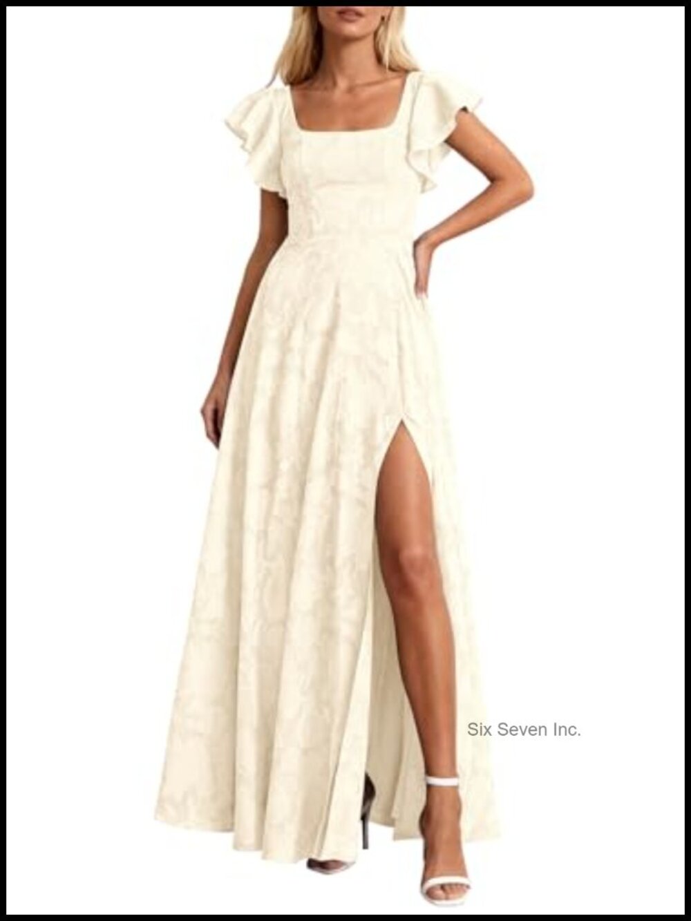 Jacquard Maxi Dress Square Neck Ruffle Sleeve Smocked Wedding Guest